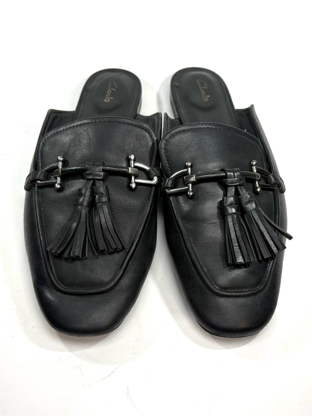 Clarks Black Leather Tassel Backless Mules